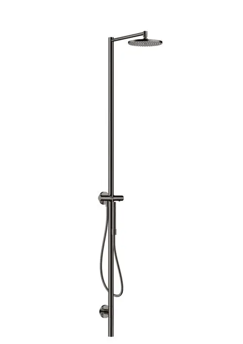 Duschsäule mit Thermostat und Kopfbrause in glänzendem Schwarzchrom von AXOR. Vertikales Design mit separatem Handbrauseschlauch.